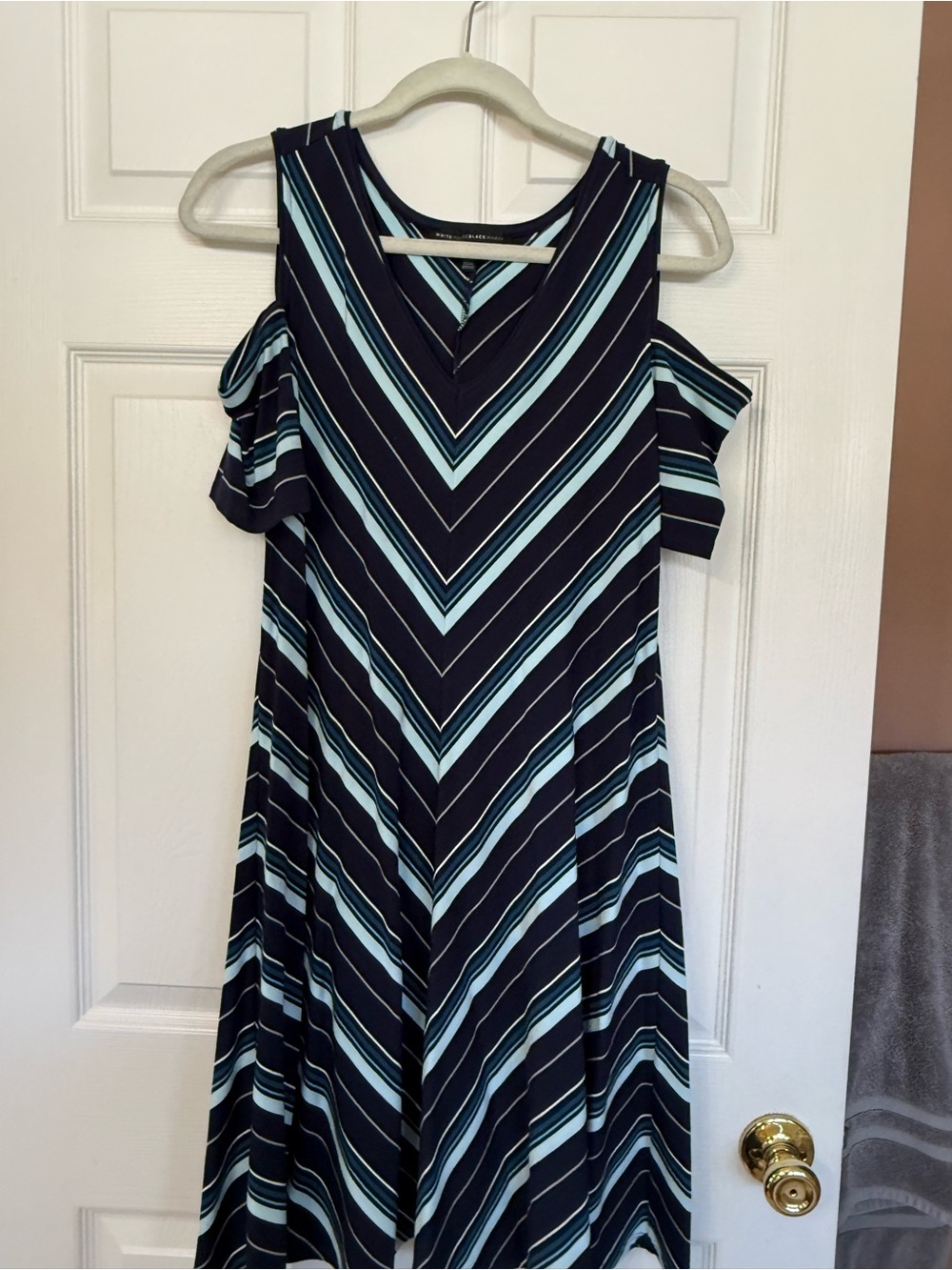 Cold-Shoulder V-Neck Striped Maxi Dress in Navy and Light Blue
